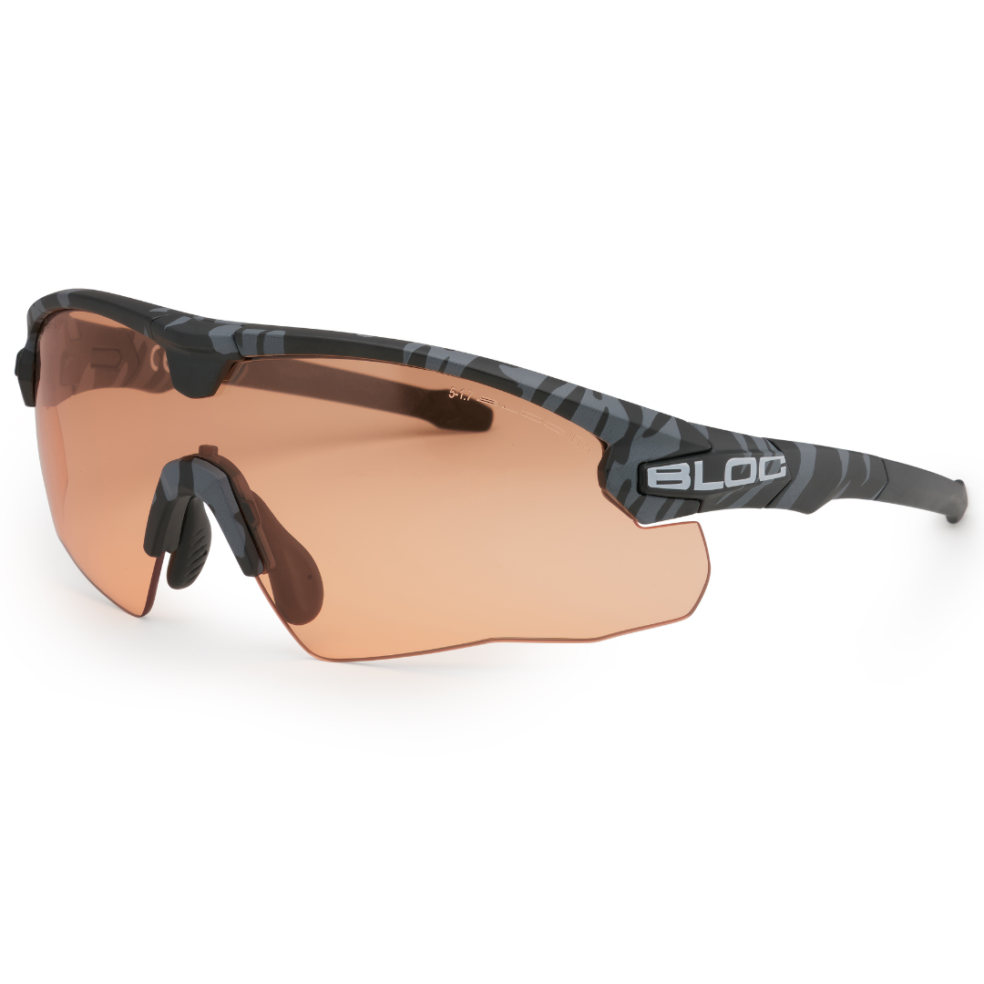 Bloc Lynx Black Camo ballistic glasses with orange anti-fog lens.