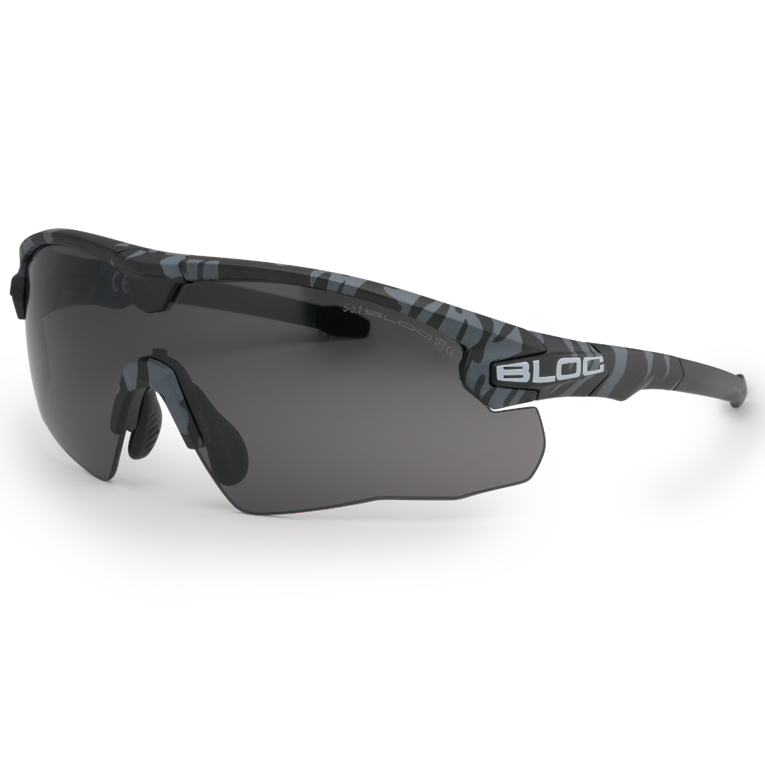 Bloc Lynx Black Camo ballistic glasses with smoke anti-fog lens.