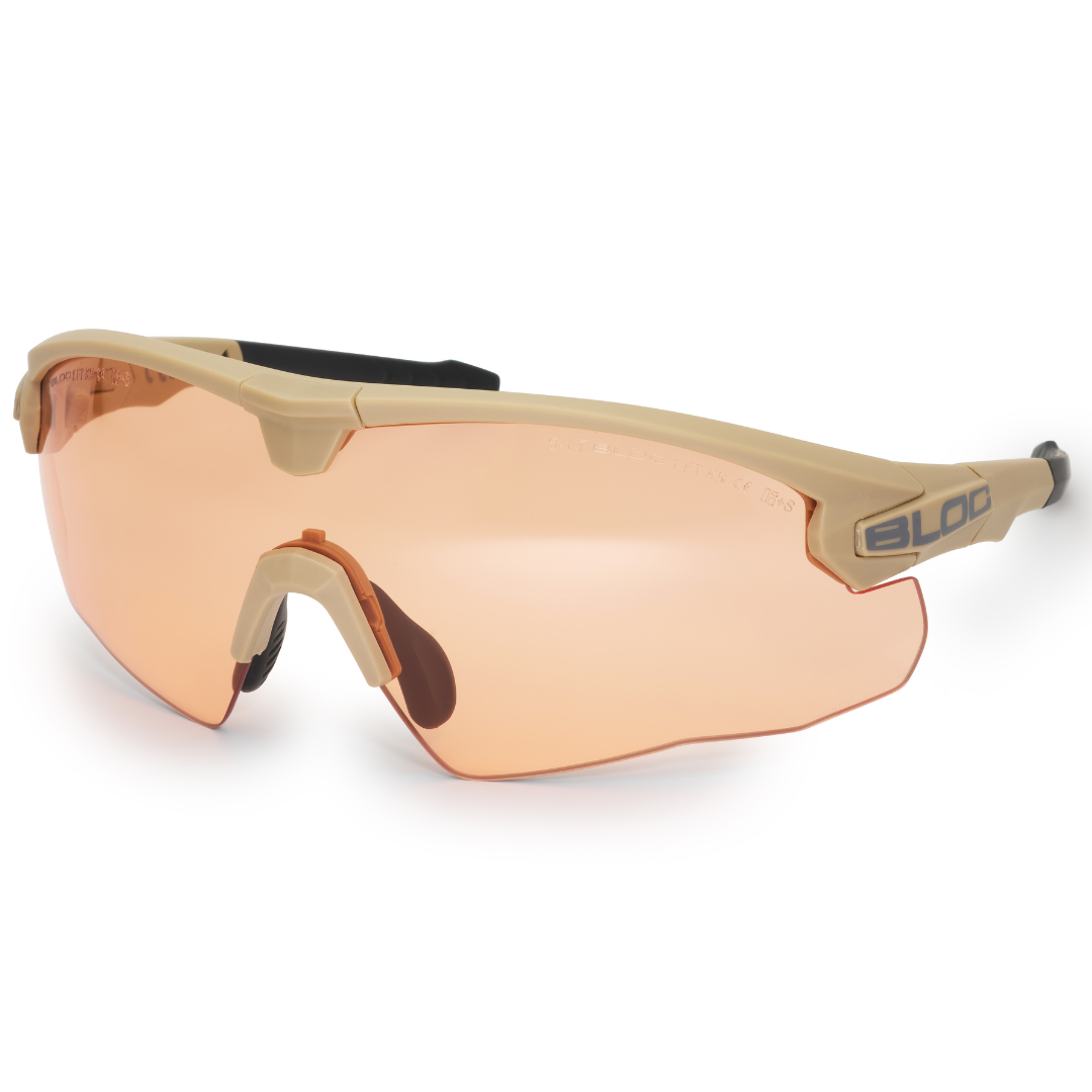 Lynx Tan ballistic glasses with orange anti-fog lens for tactical and airsoft use.