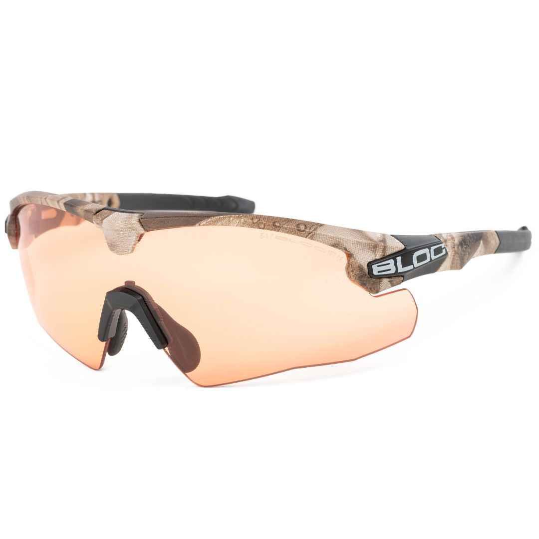 Bloc Lynx Camo ballistic glasses with orange anti-fog lens.