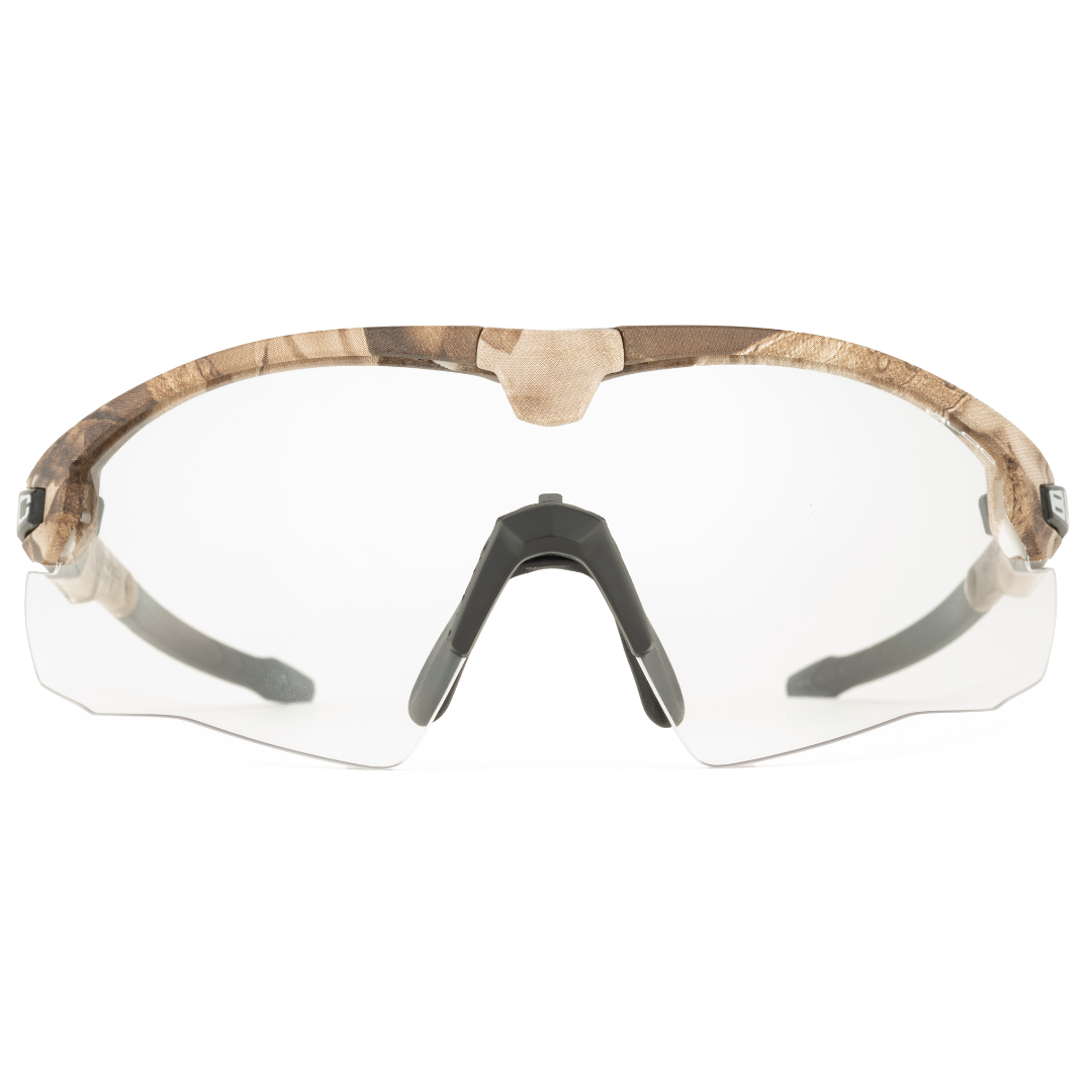 Bloc Lynx Camo ballistic glasses with clear anti-fog lens.