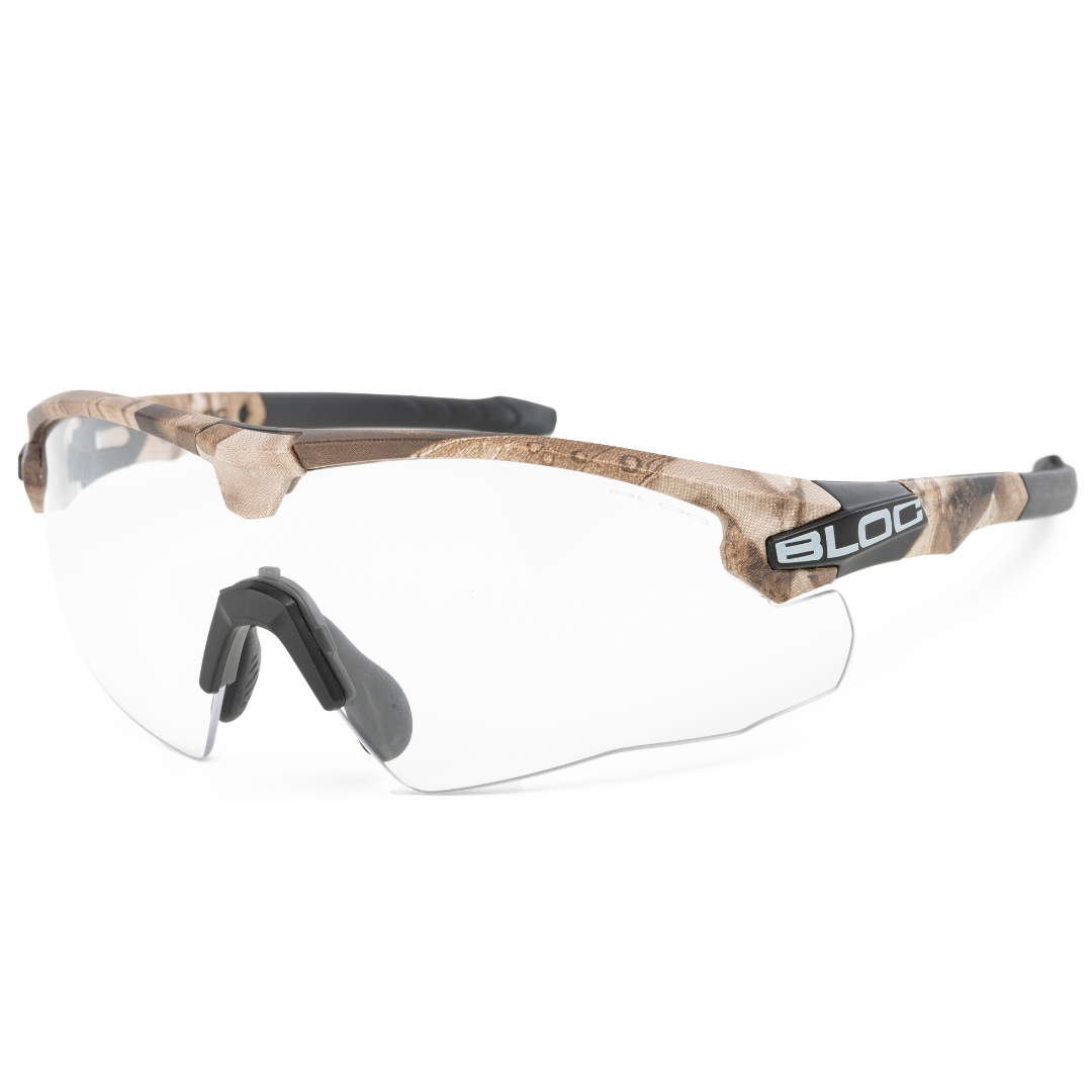 Bloc Lynx Camo ballistic glasses with clear anti-fog lens.