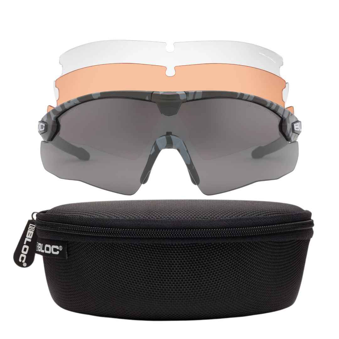 Bloc Lynx Black Camo ballistic glasses with three anti-fog interchangeable lenses