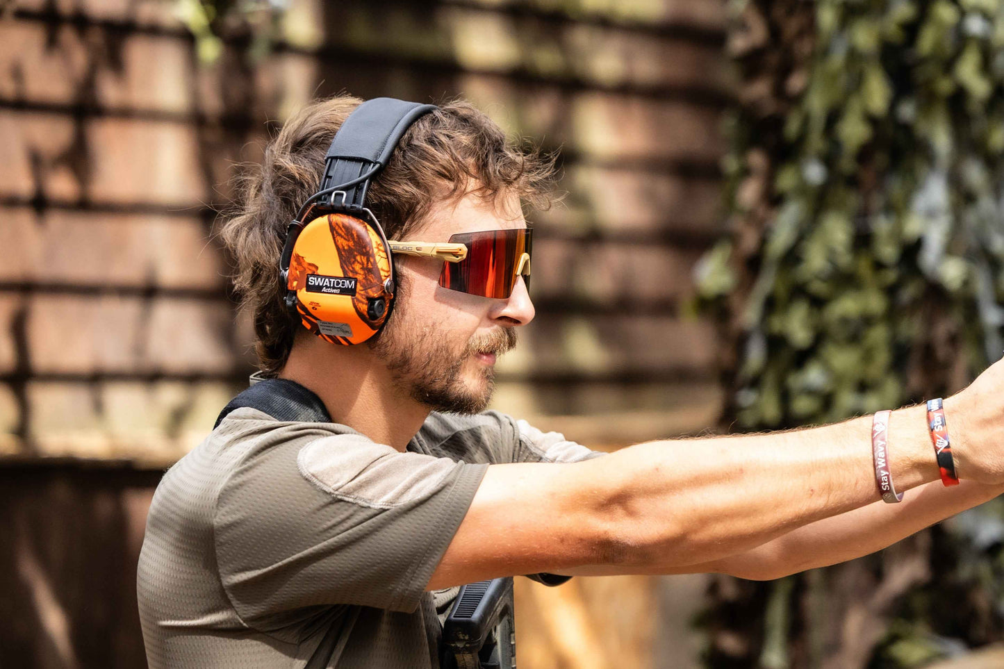 man wearing Falcon ballistic glasses with anti-fog red mirror lenses, EN166, ANSI Z87 and STANAG 2920 certified
