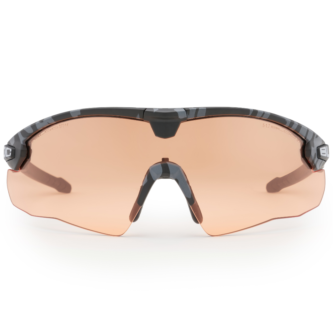 Bloc Lynx Black Camo ballistic glasses with orange anti-fog lens.