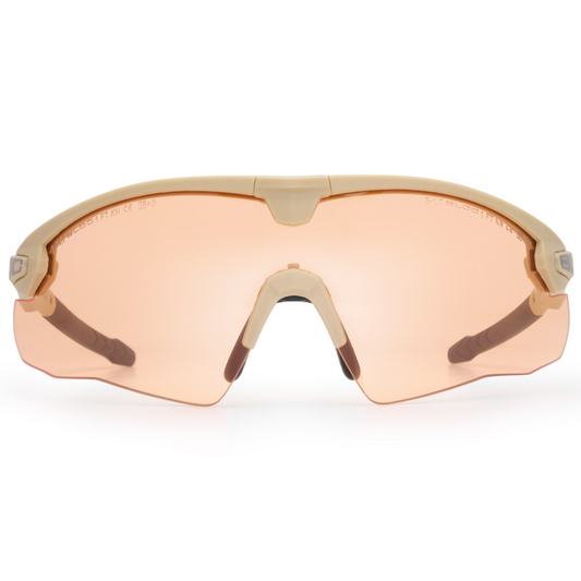 Lynx Tan ballistic glasses with orange anti-fog lens for tactical and airsoft use.
