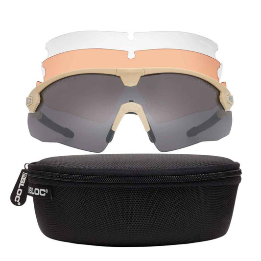 Tan Lynx ballistic glasses with three anti-fog interchangeable lenses for tactical and airsoft use.

