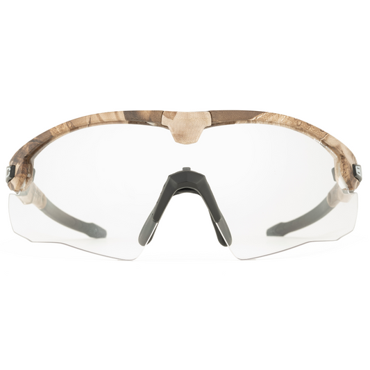 Bloc Lynx Camo ballistic glasses with clear anti-fog lens.
