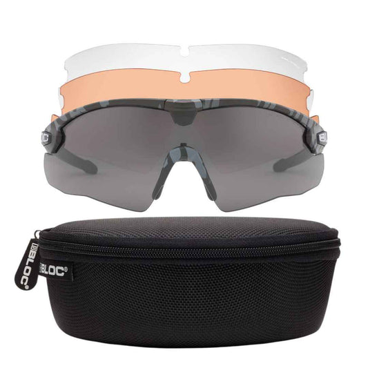 Bloc Lynx Black Camo ballistic glasses with three anti-fog interchangeable lenses