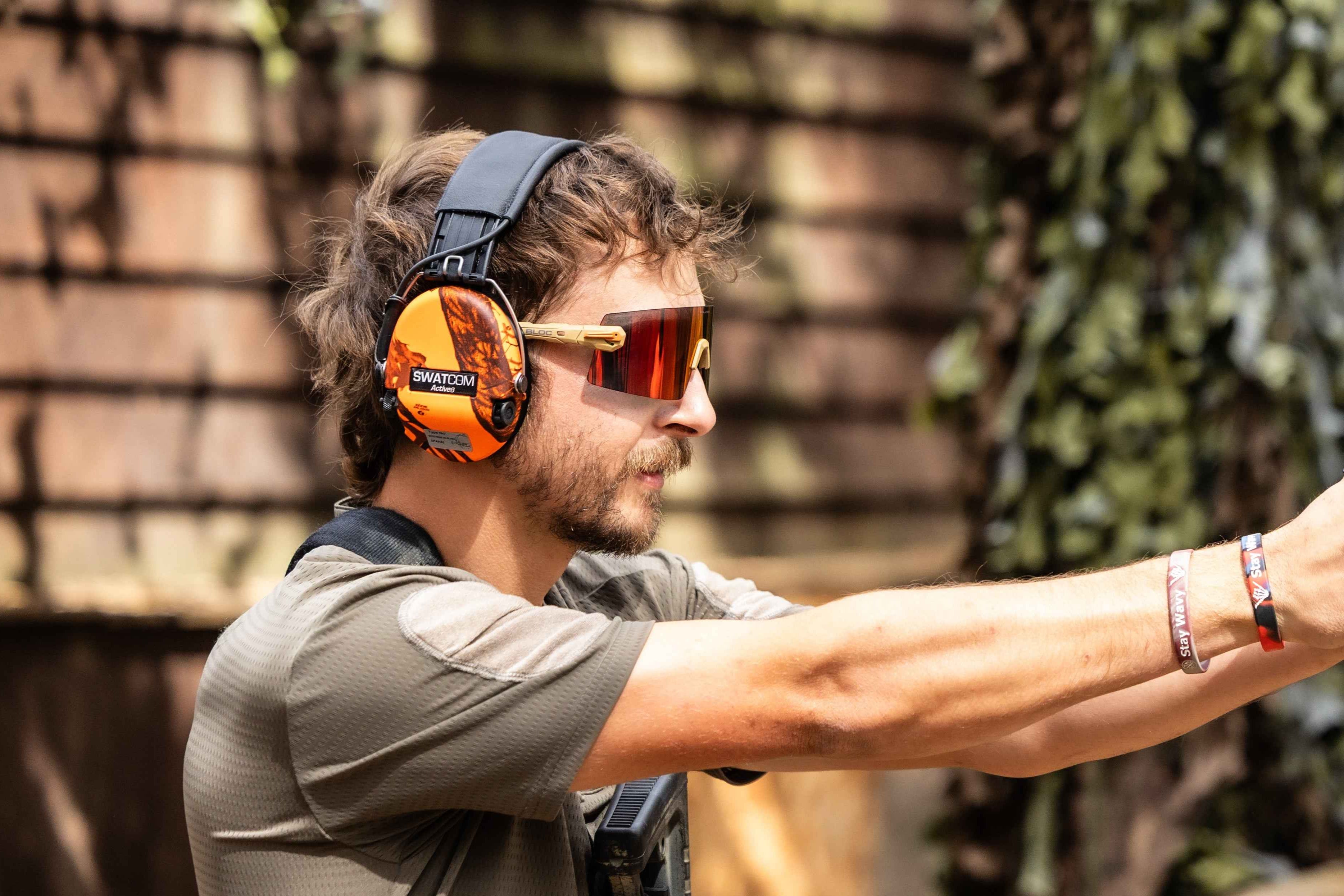 man wearing Falcon ballistic glasses with anti-fog red mirror lenses, EN166, ANSI Z87 and STANAG 2920 certified