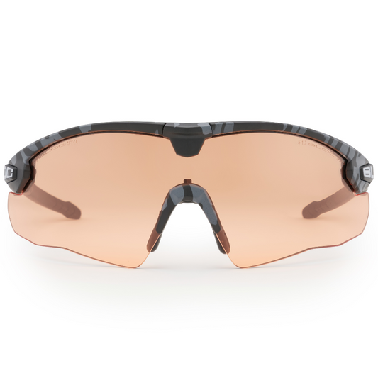 Bloc Lynx Black Camo ballistic glasses with orange anti-fog lens.