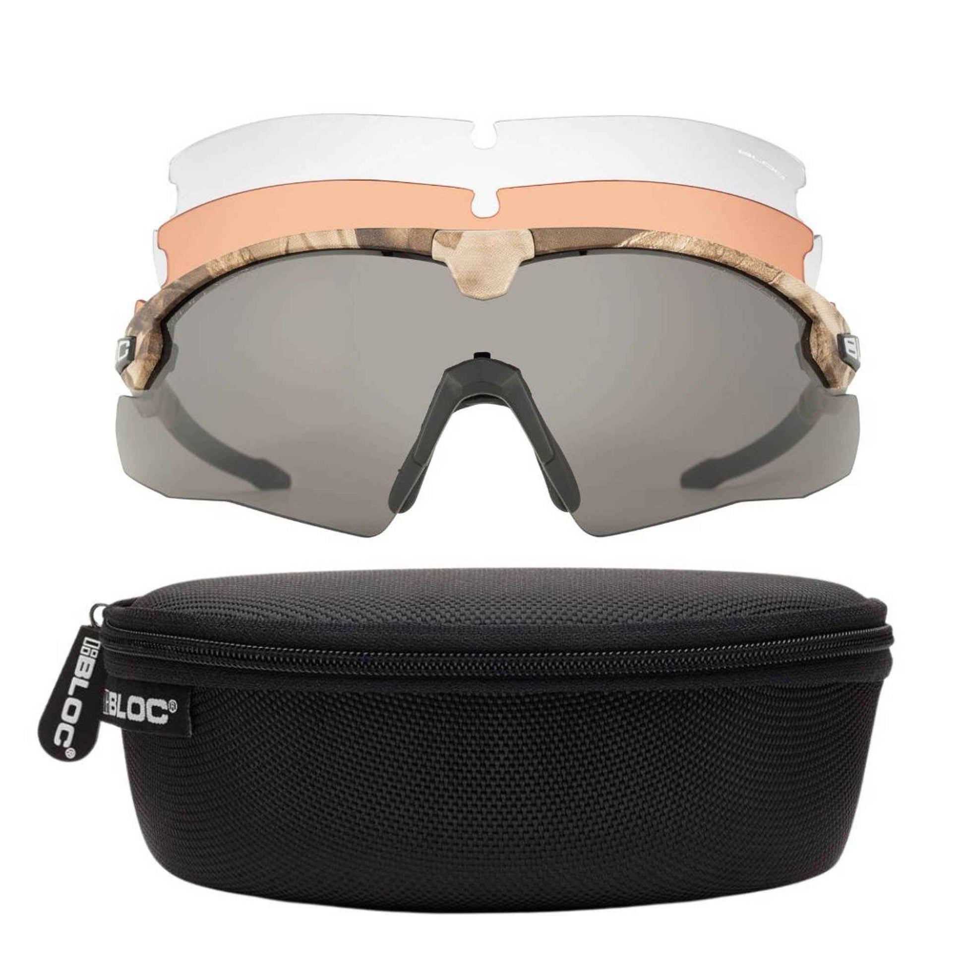 Bloc Lynx Camo ballistic glasses with three anti-fog interchangeable lenses