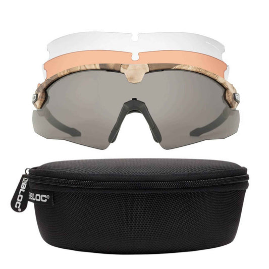 Bloc Lynx Camo ballistic glasses with three anti-fog interchangeable lenses